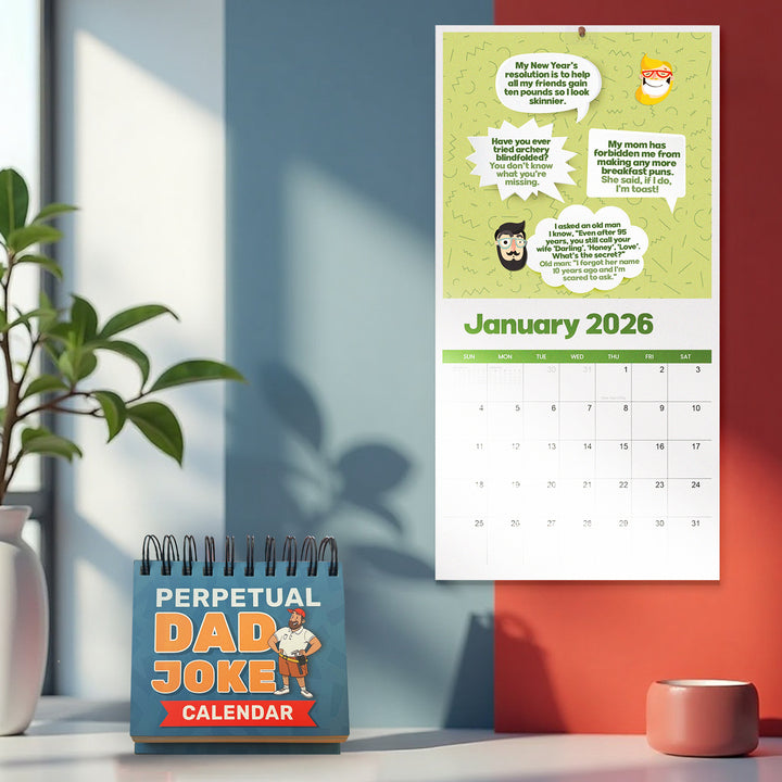 A mug, button, and desk calendar labeled with dad joke themes are displayed as Father's Day gift ideas for 2025.