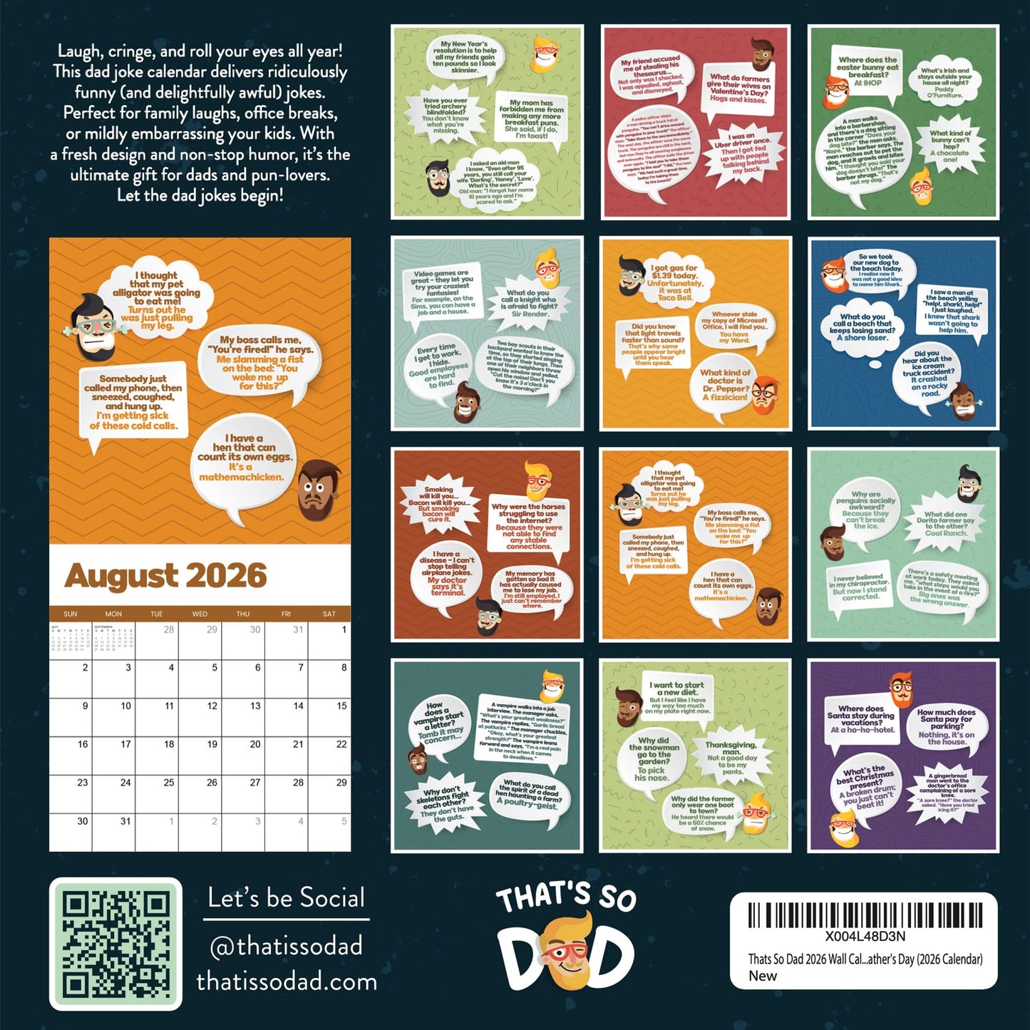 The 2026 Dad Joke Wall Calendar by That Is So Dad features a colorful August page of comic panels with illustrated faces and speech bubbles—perfect as a dad gift. QR code and social media handles are included at the bottom.