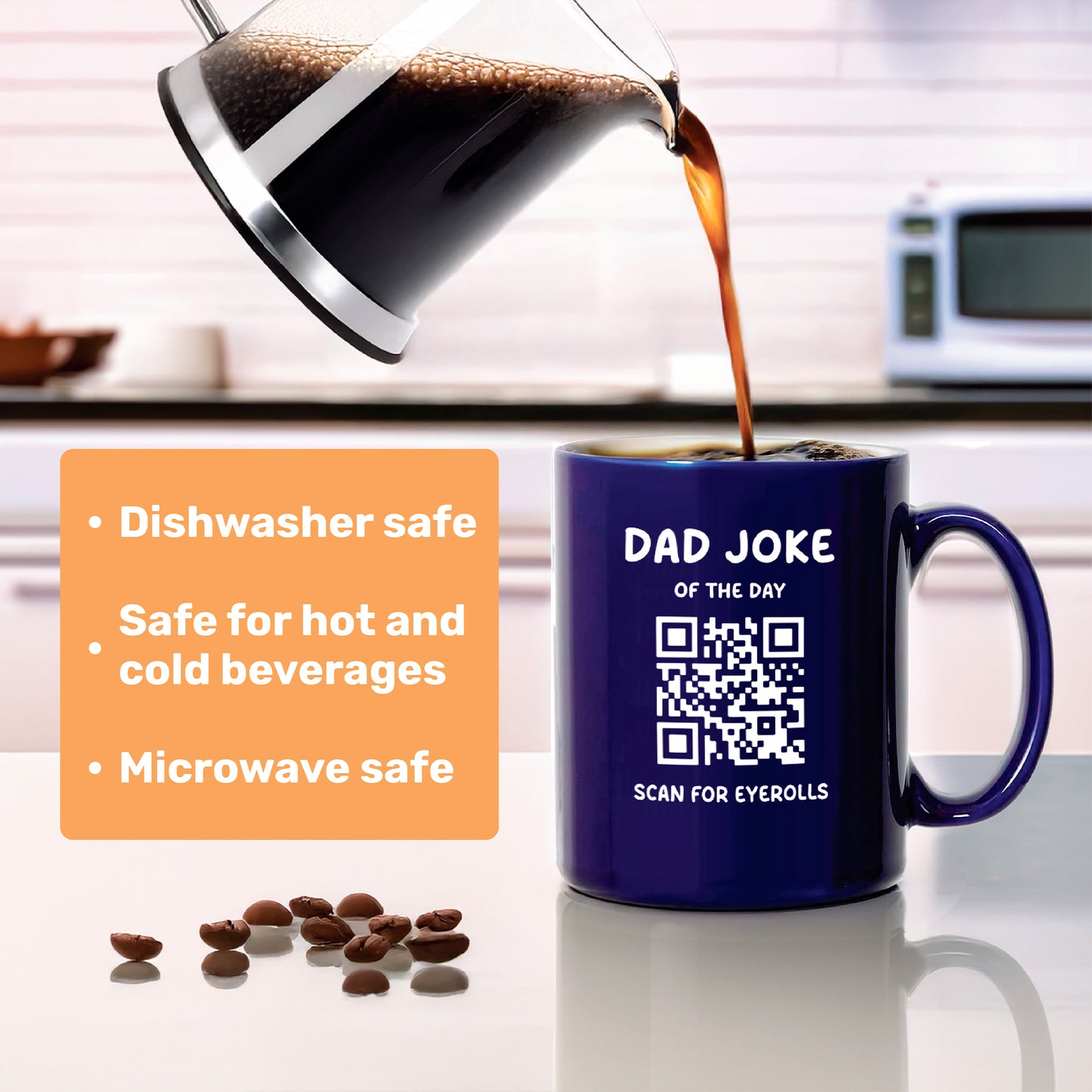 The That Is So Dad Daily Dad Joke Mug features a QR code, is dishwasher and microwave safe, and is perfect for your favorite hot or cold drinks while enjoying daily jokes.