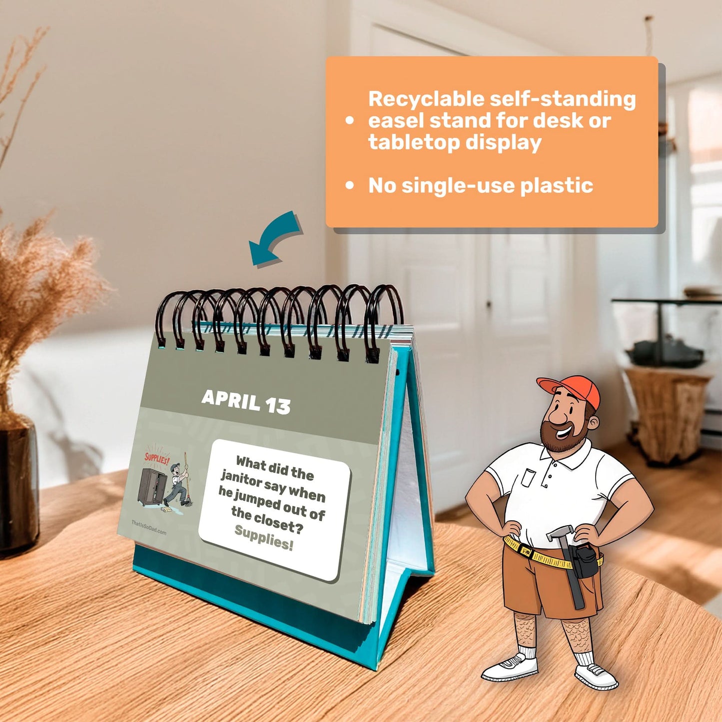 The Perpetual Dad Joke Desktop Calendar by That Is So Dad displays daily dad jokes with tear-off pages, a recyclable, plastic-free stand, and is perfect for any desk or tabletop in a modern room.