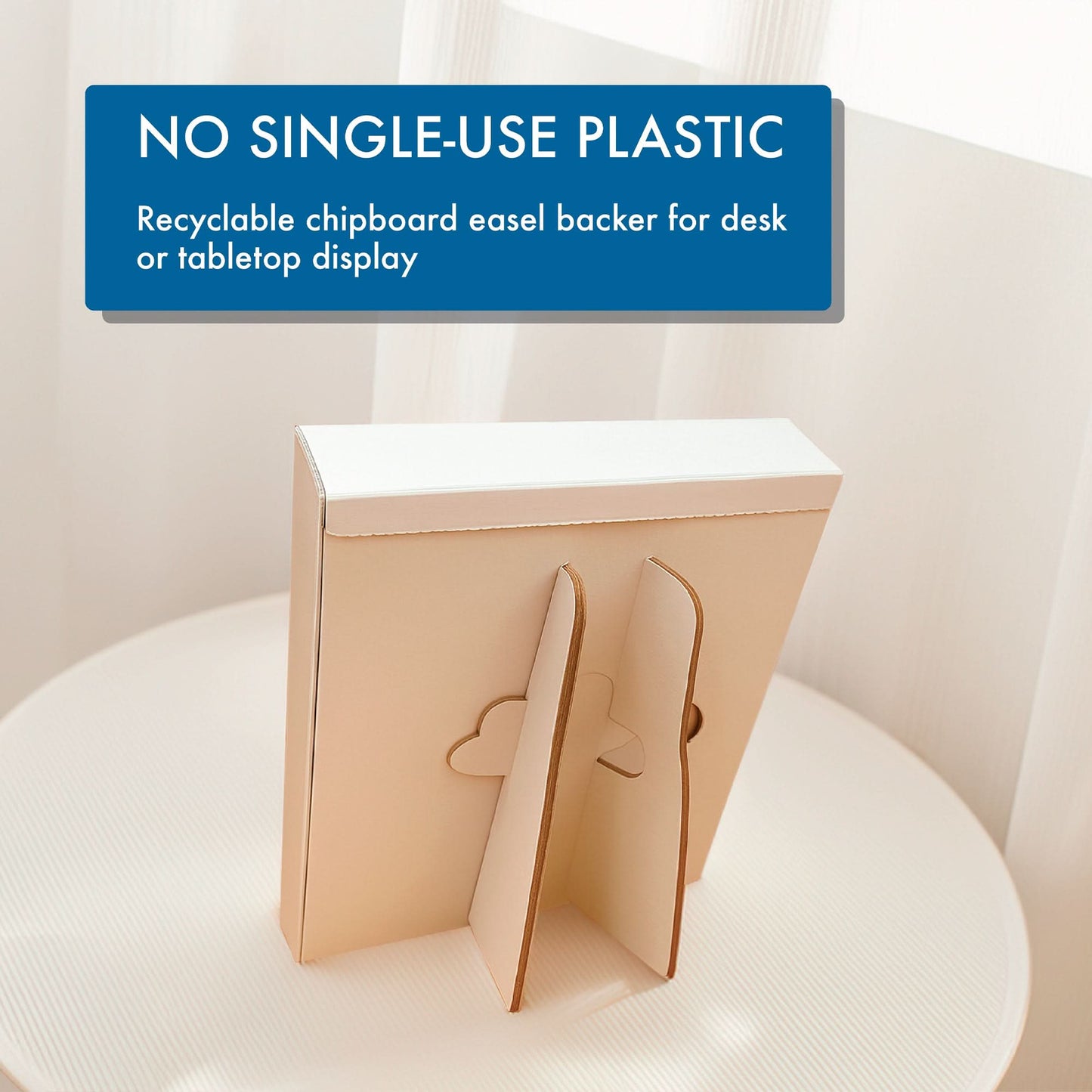 A recyclable chipboard easel backer stands upright, perfect for your PRE-ORDER 2026 Daily Dad Joke Desktop Calendar by That Is So Dad—no single-use plastic, great for desk or tabletop display!.
