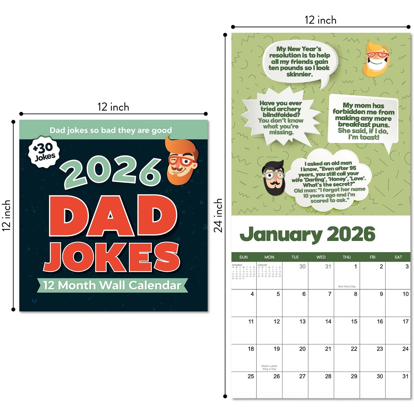 The 2026 Dad Joke Wall Calendar by That Is So Dad shows the cover and January page with sample dad jokes, fun illustrations, a dated grid, and labeled dimensions.
