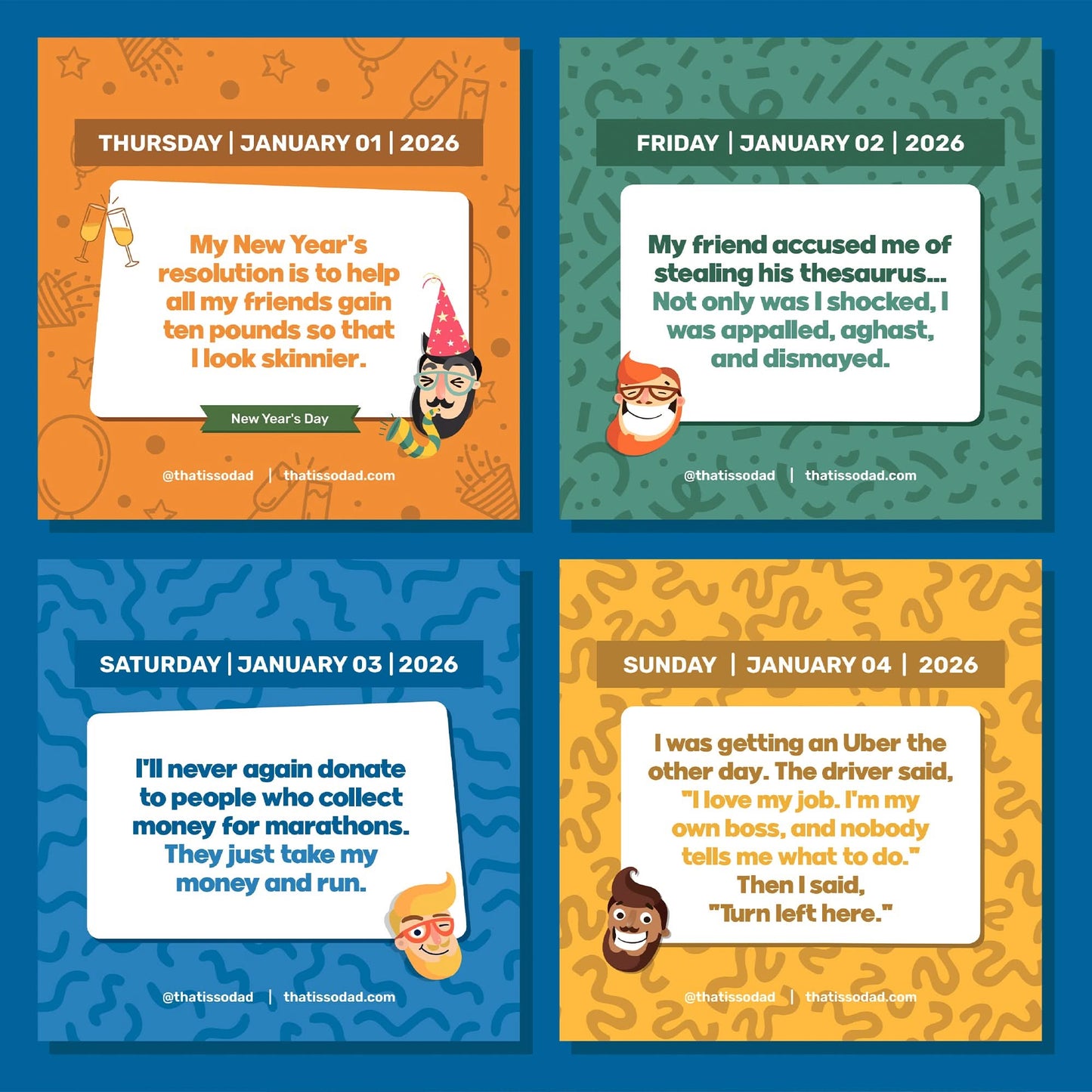 The PRE-ORDER 2026 Daily Dad Joke Desktop Calendar by That Is So Dad features four illustrated panels with funny quotes about New Year's resolutions, theft, charity skepticism, and Uber rides—ideal for any dad jokes or day-to-day calendar fan.