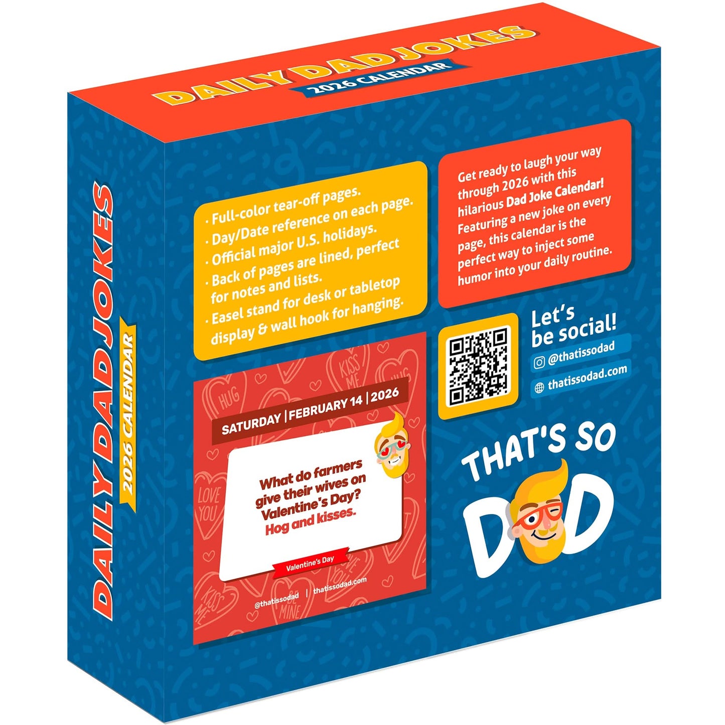 Back of the PRE-ORDER 2026 Daily Dad Joke Desktop Calendar box by That Is So Dad, featuring daily jokes, a sample Valentine’s Day gag, social media links, and a QR code—the must-have calendar for dad jokes and laughs all year!.