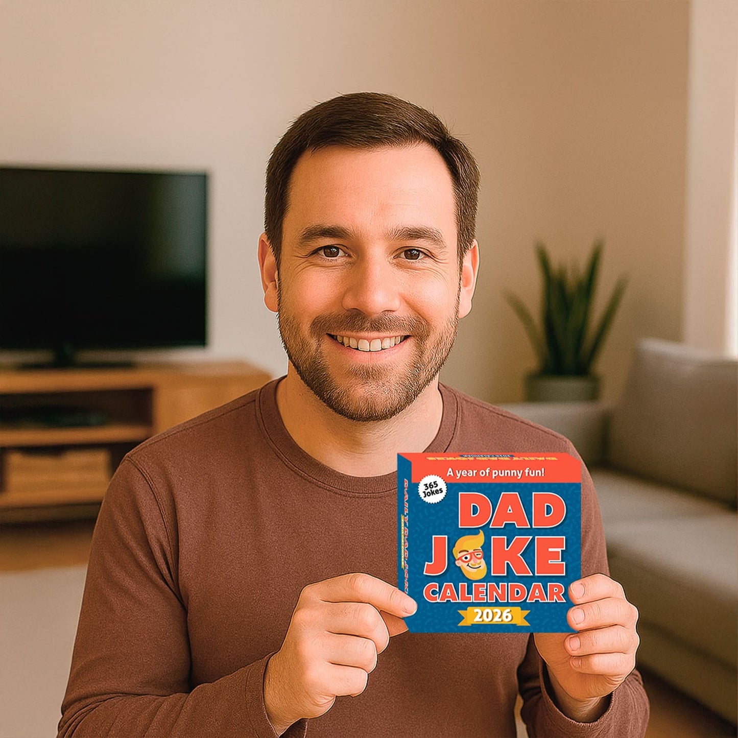 A man smiles indoors, holding up the PRE-ORDER 2026 Daily Dad Joke Desktop Calendar by That Is So Dad in a living room with a TV and plant in the background.