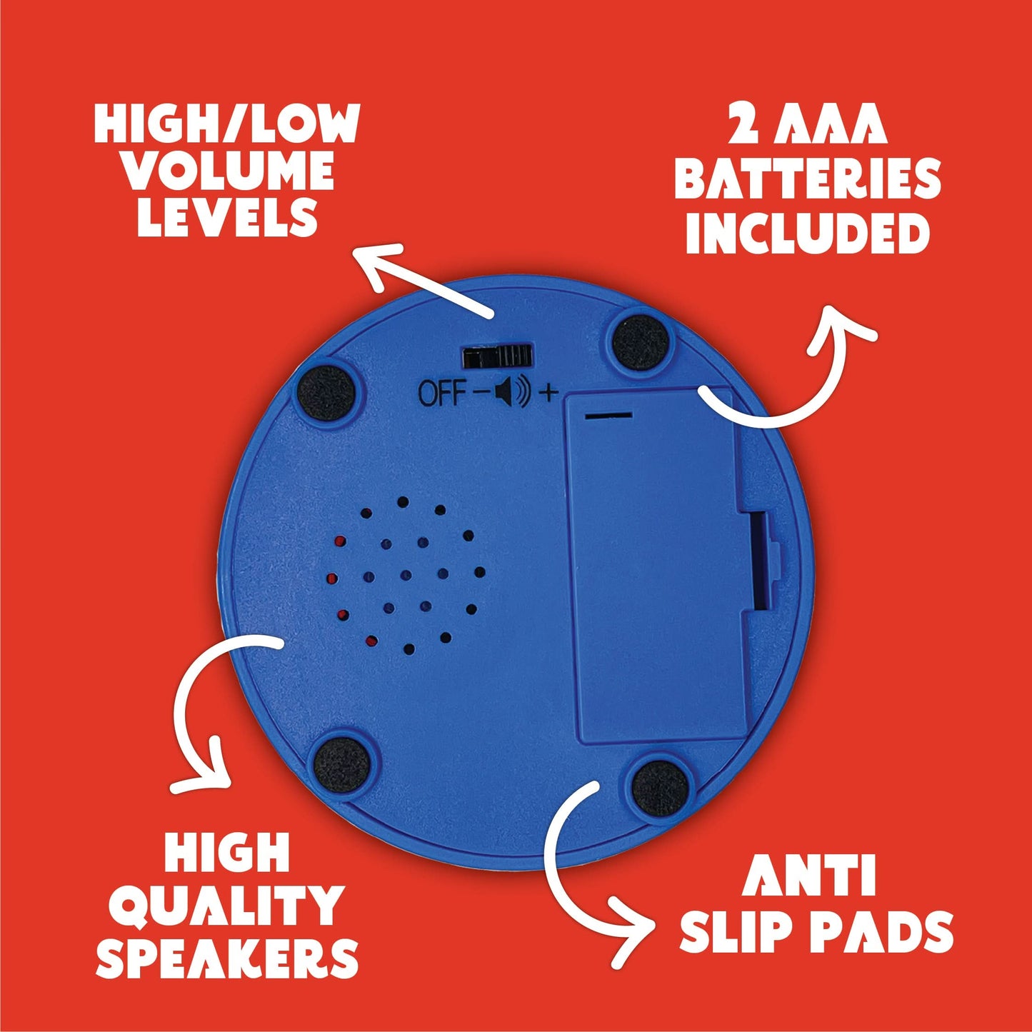 The "2025 Dad Joke Desktop Calendar & Button" by That Is So Dad is a blue electronic device boasting features such as "High/Low Volume Levels," "2 AAA Batteries Included," "High Quality Speakers," and "Anti Slip Pads." This gadget, ideal for enjoying your funny dad jokes calendar, includes an on/off switch and a battery compartment.