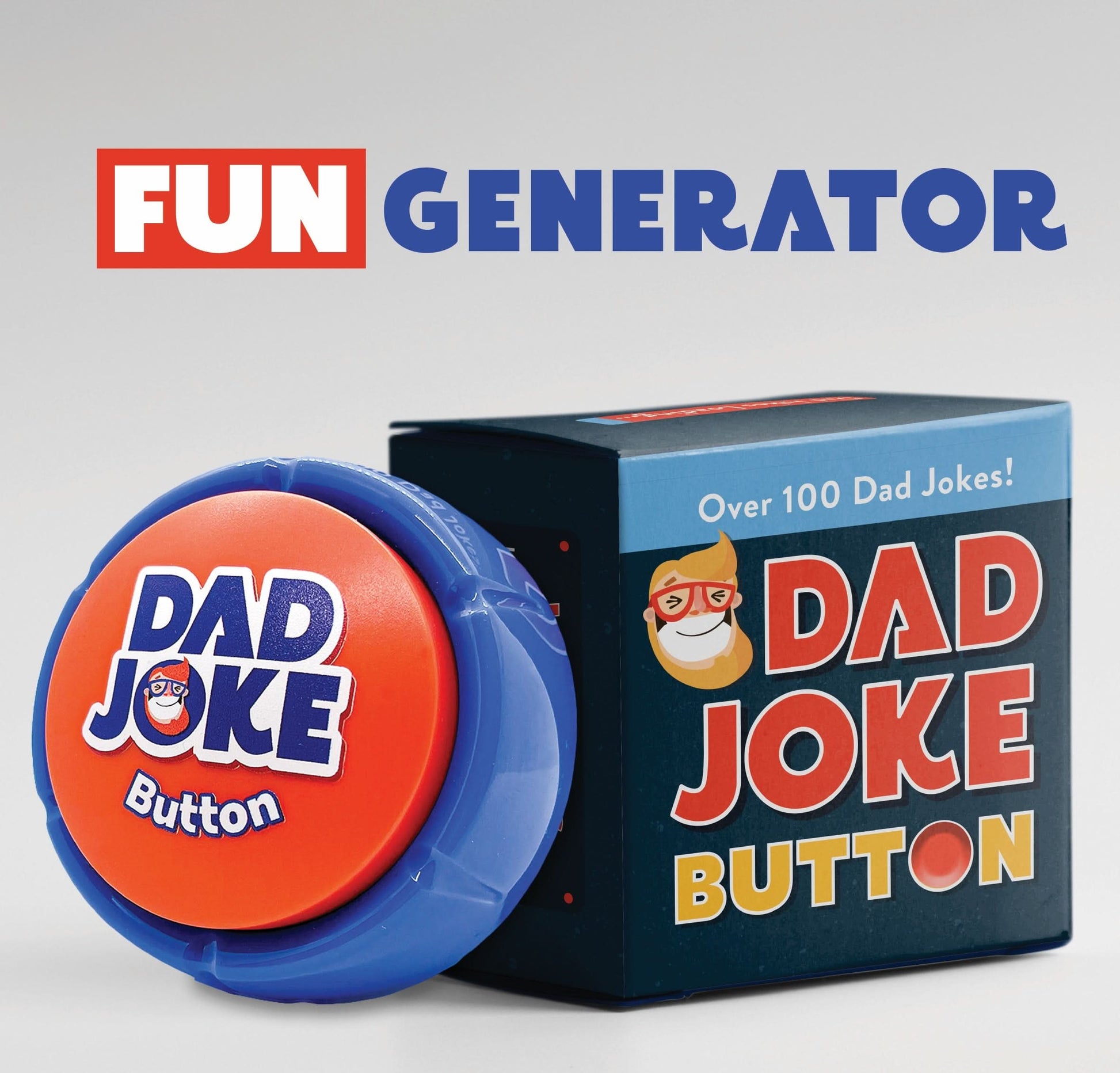 The 2025 Dad Joke Gift Set by That Is So Dad features a blue and red "Dad Joke Button" beside its box labeled "Over 100 Funny Dad Jokes!" with the text "FUN GENERATOR" above.