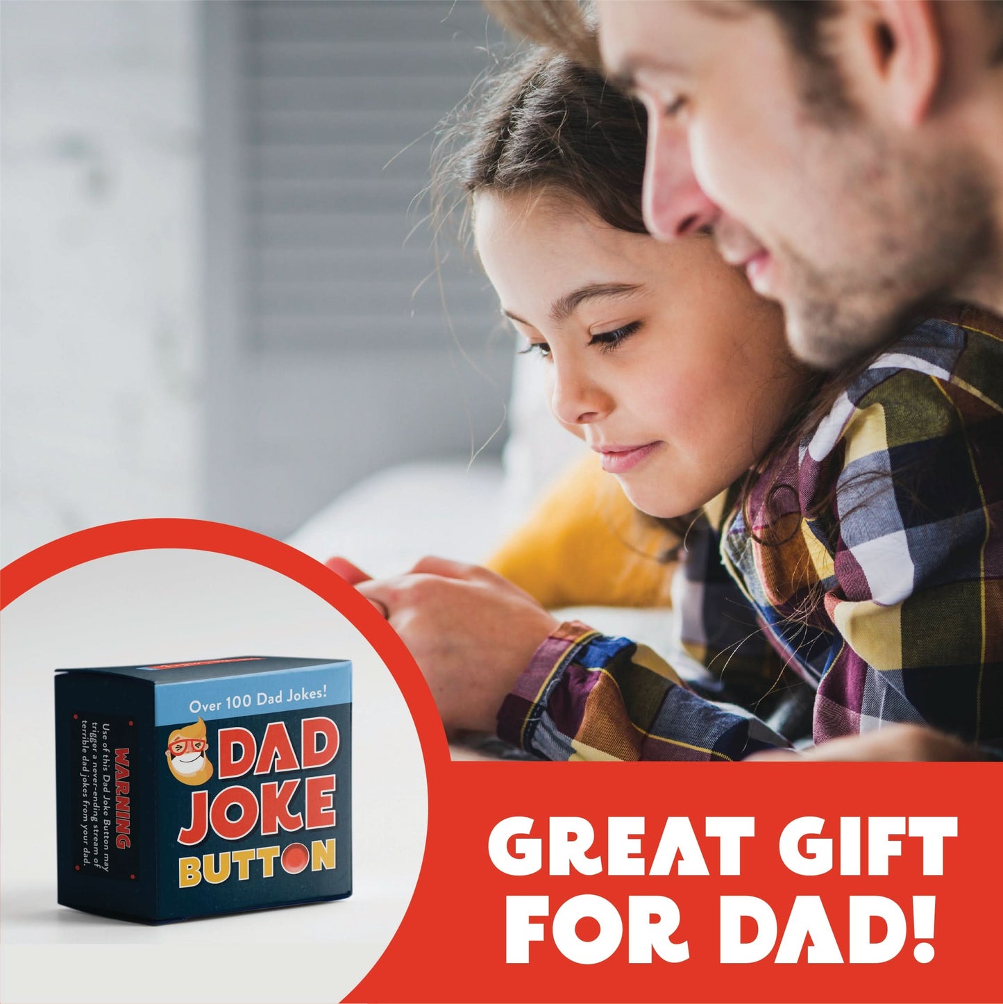 A man and a child look at a phone together. An inset image shows the "2025 Dad Joke Desktop Calendar & Button" by That Is So Dad. Text reads "Great gift for Dad! Perfect for sharing funny dad jokes every day.