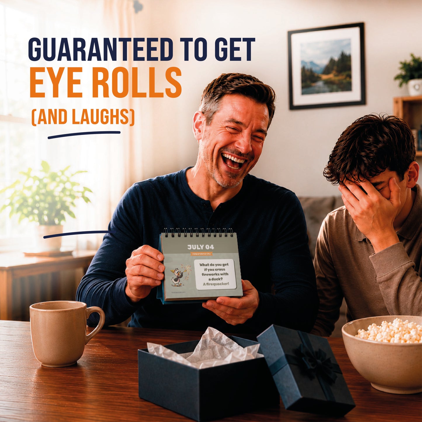 Two people at a table share popcorn; one laughs with the Perpetual Dad Joke Desktop Calendar by That Is So Dad, while the other covers their face. An open gift box sits on the table. Text: "Guaranteed to get eye rolls (and laughs).