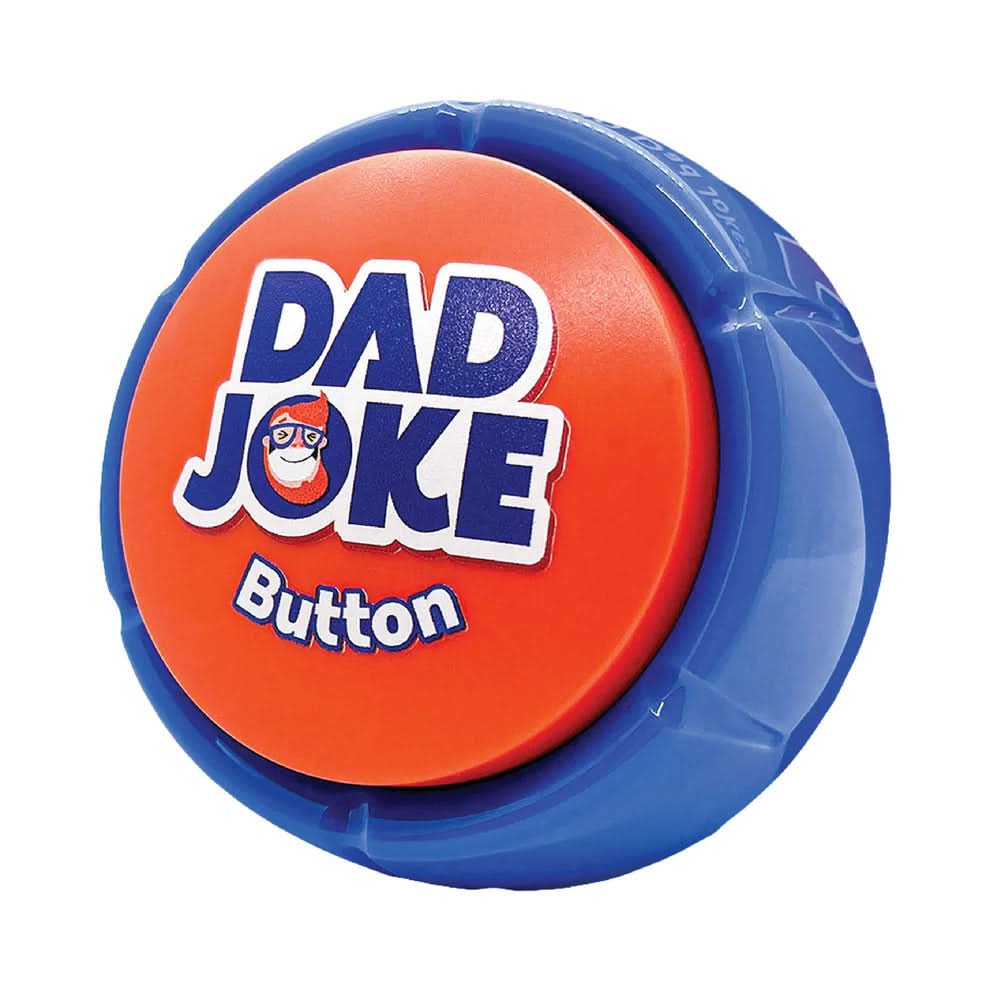 The Perpetual Dad Joke Desktop Calendar & Dad Joke Button Gift Set by That Is So Dad features a blue and orange button with "Dad Joke Button" and a cartoon face—an amusing gift for dads who love to laugh.