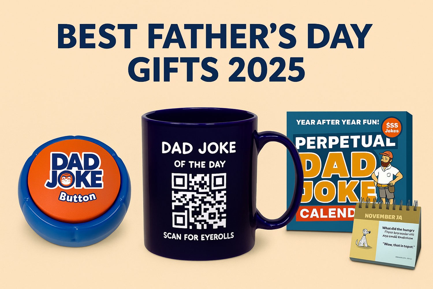 A mug, button, and desk calendar labeled with dad joke themes are displayed as Father's Day gift ideas for 2025.