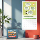 A mug, button, and desk calendar labeled with dad joke themes are displayed as Father's Day gift ideas for 2025.
