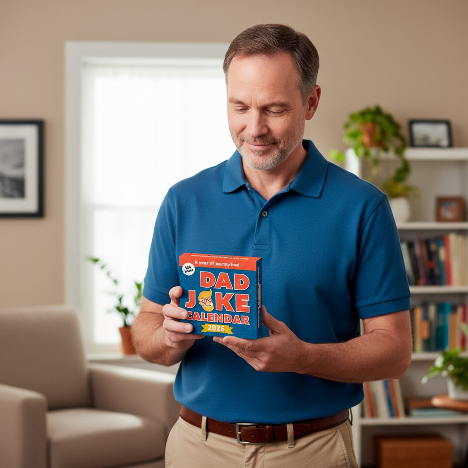 A desk with a Perpetual Dad Joke Calendar, a blue mug with a joke, and a red and blue Dad Joke button, set against a coral background with a plant on the right.
