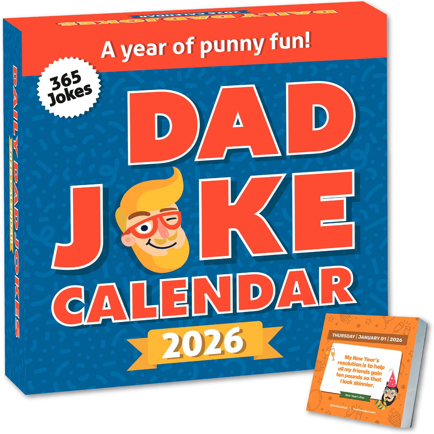 The 2026 Daily Dad Joke Desktop Calendar by That Is So Dad features 365 daily dad jokes, with a sample joke card displayed in the bottom right and the box stating, "A year of punny fun!.