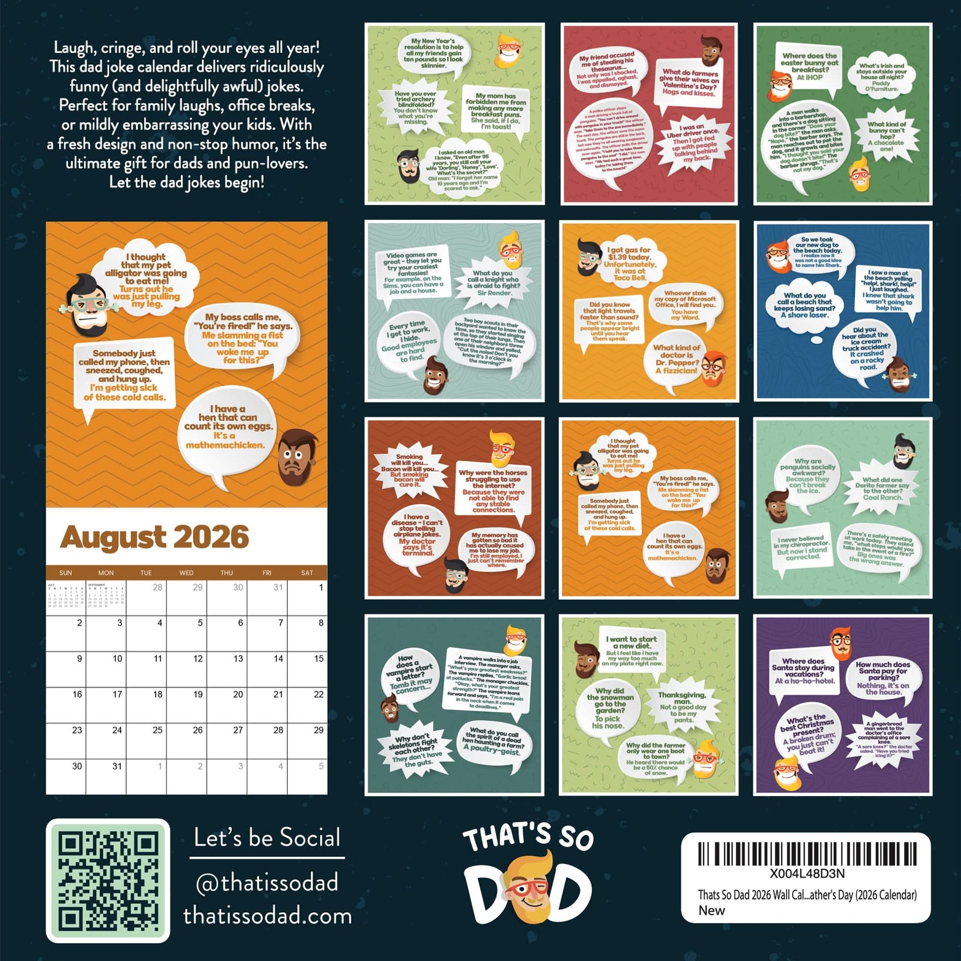The 2026 Dad Joke Wall Calendar by That Is So Dad features a colorful August page of comic panels with illustrated faces and speech bubbles—perfect as a dad gift. QR code and social media handles are included at the bottom.