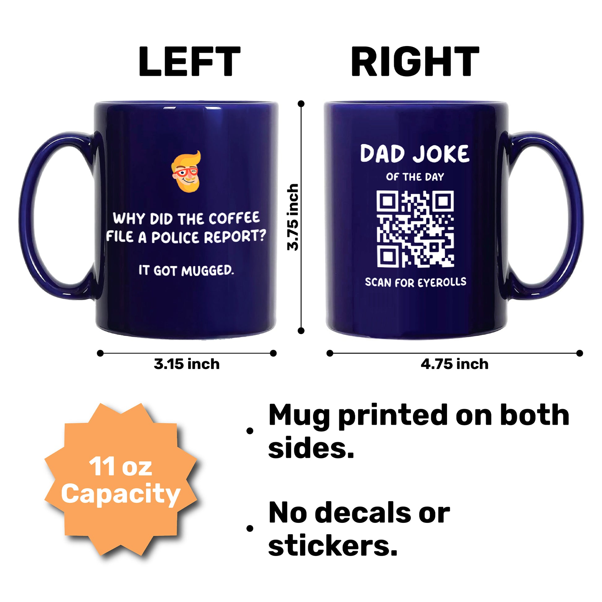 The Daily Dad Joke Mug by That Is So Dad is an 11 oz blue mug, printed on both sides—one with a coffee joke, the other with a QR code for daily jokes. Dimensions and features are displayed beside it, making it a perfect fun dad gift.