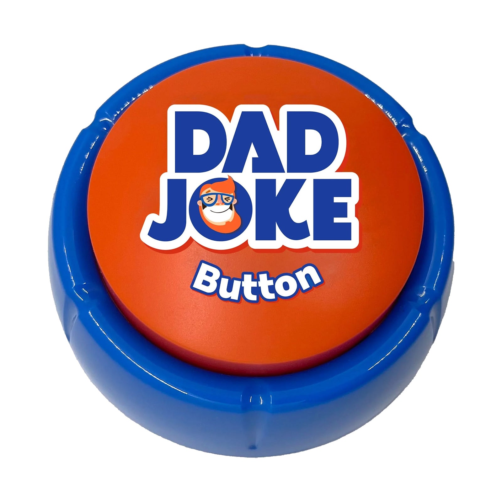 A round plastic “Dad Joke Button” by That Is So Dad, featuring a blue base and orange top with bold white and blue lettering—includes 100+ corny jokes, making it the perfect funny present for dads.