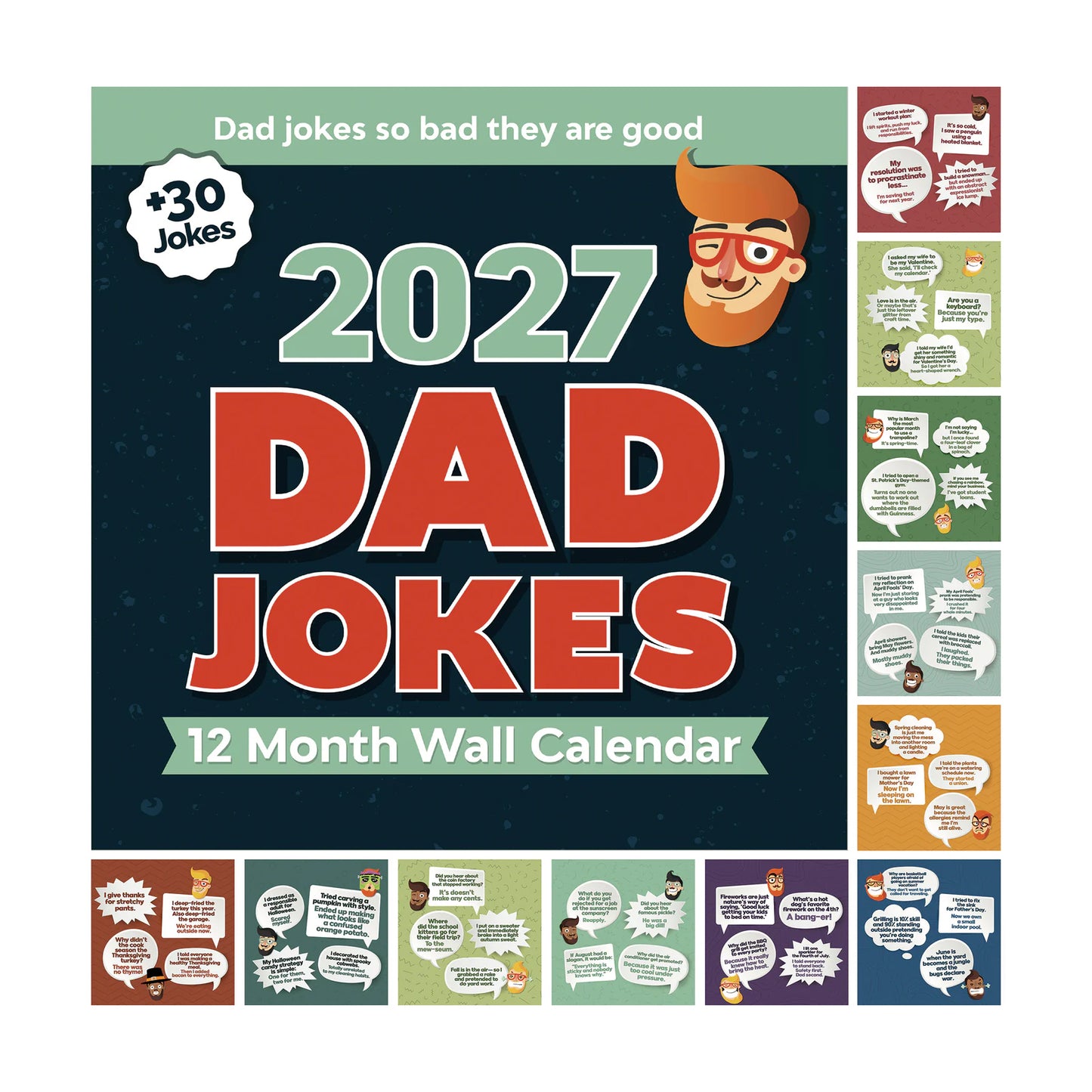 2027 Dad Joke Wall Calendar by That Is So Dad: The cover showcases playful illustrations with sample joke panels along the right and bottom edges—making this hilarious 12-month wall calendar the perfect gift for dads who appreciate a good laugh.