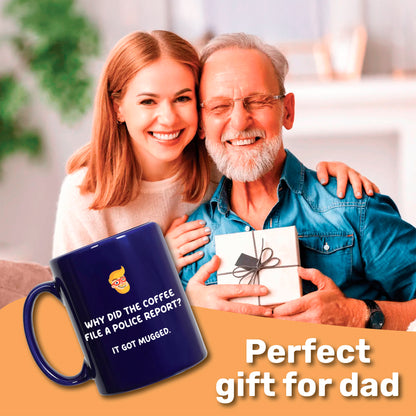 A smiling woman stands next to an older man holding a gift; the Daily Dad Joke Mug by That Is So Dad is in front. Text reads, "Perfect gift for dad—bring daily smiles with classic Dad jokes.