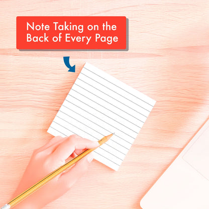 A hand writes on the back of a lined notepad page. Above, text says "Note Taking on the Back of Every Page." On the right, a PRE-ORDER 2026 Daily Dad Joke Desktop Calendar by That Is So Dad and a laptop are partly visible.