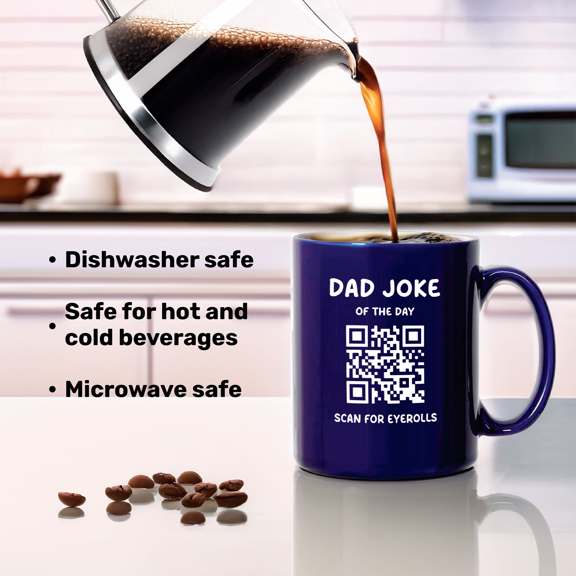 Coffee pours into the blue Daily Dad Joke Mug by That Is So Dad, featuring a 