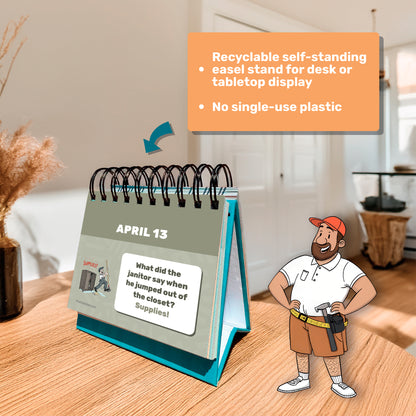 The Perpetual Dad Joke Desktop Calendar by That Is So Dad displays daily dad jokes with tear-off pages, a recyclable, plastic-free stand, and is perfect for any desk or tabletop in a modern room.