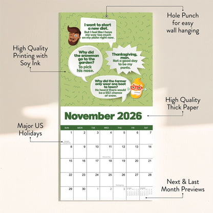 The 2026 Dad Joke Wall Calendar by That Is So Dad showcases a November page with illustrated joke speech bubbles, labeled features, and clearly marked holidays, all on a neutral background.