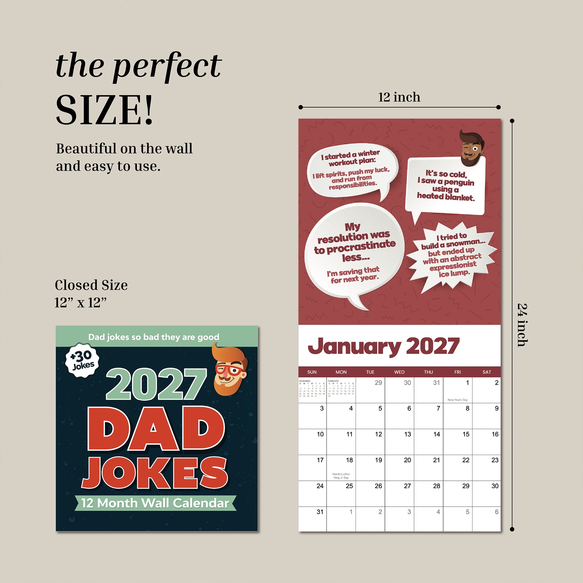 The 2027 Dad Joke Wall Calendar by That Is So Dad includes a front cover and open view; this humorous wall calendar showcases classic dad jokes, features a January 2027 month grid, and measures 12 by 24 inches when open.