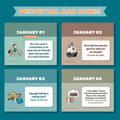 The Perpetual Dad Joke Desktop Calendar by That Is So Dad features daily illustrated dad jokes in four-panel comics for January 1–4, with tear-off pages—perfect as a desk or tabletop display!.
