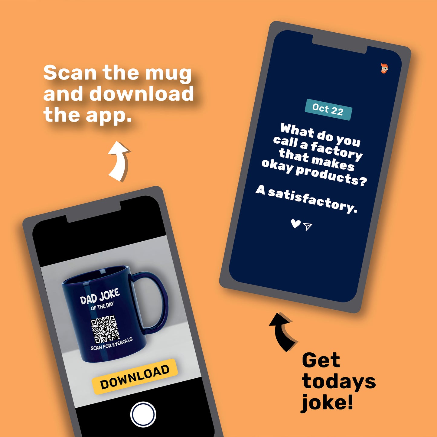 A smartphone scans the QR code on the That Is So Dad Daily Dad Joke Mug to access an app with a daily dad joke, showing the date and punchline—making it the perfect gift for any dad joke lover.