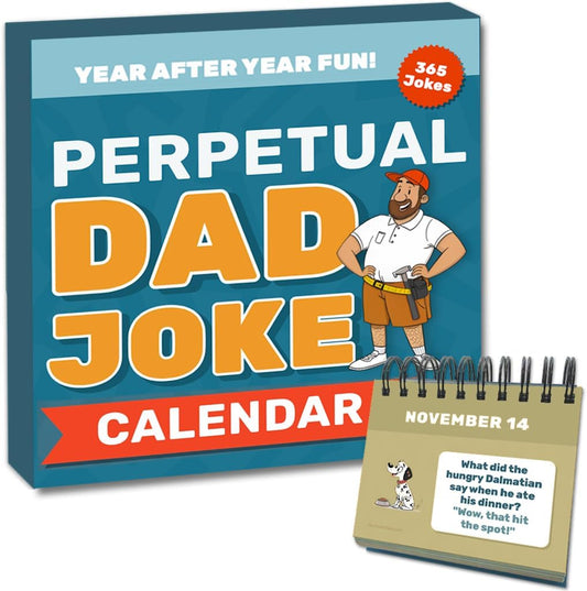 The Perpetual Dad Joke Desktop Calendar by That Is So Dad features daily dad jokes and a fun cartoon dad, perfect for displaying on your desk or tabletop.