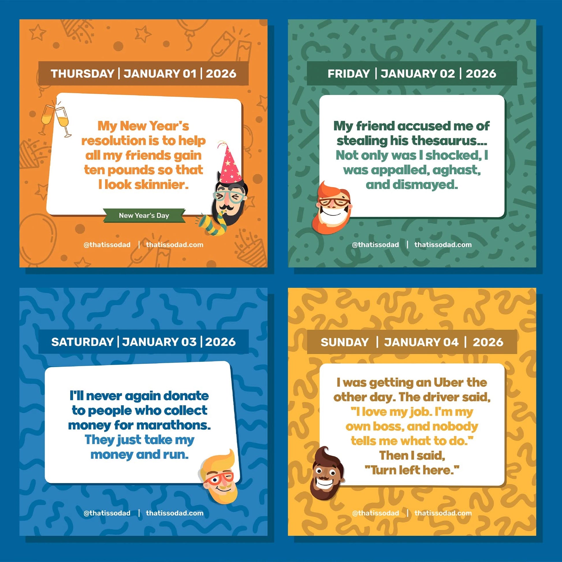 The PRE-ORDER 2026 Daily Dad Joke Desktop Calendar by That Is So Dad features four illustrated panels with funny quotes about New Year's resolutions, theft, charity skepticism, and Uber rides—ideal for any dad jokes or day-to-day calendar fan.