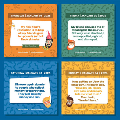 The PRE-ORDER 2026 Daily Dad Joke Desktop Calendar by That Is So Dad features four illustrated panels with funny quotes about New Year's resolutions, theft, charity skepticism, and Uber rides—ideal for any dad jokes or day-to-day calendar fan.