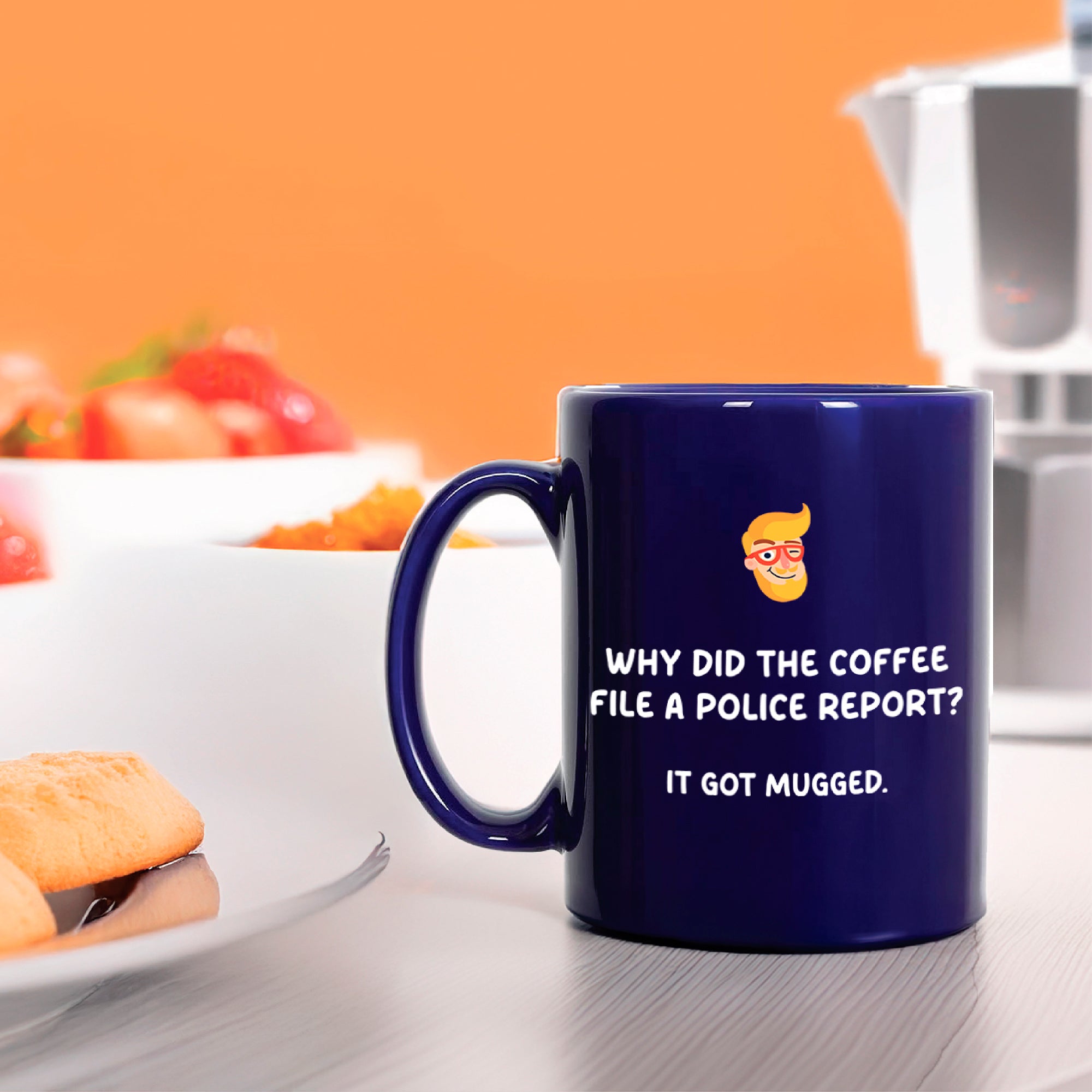 Start your day smiling with the Daily Dad Joke Mug by That Is So Dad! This navy blue ceramic mug features the classic joke: 