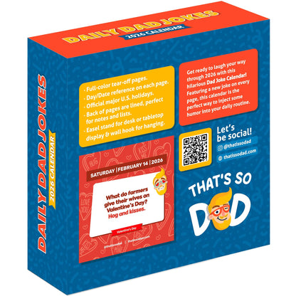 Back of the PRE-ORDER 2026 Daily Dad Joke Desktop Calendar box by That Is So Dad, featuring daily jokes, a sample Valentine’s Day gag, social media links, and a QR code—the must-have calendar for dad jokes and laughs all year!.