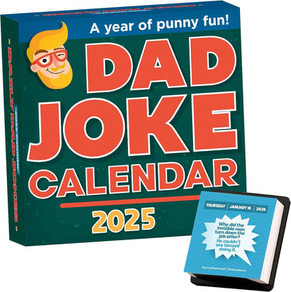 The 2025 Dad Joke Desktop Calendar by That Is So Dad features a cartoon face on the box, the title, and a sample page with a funny dad joke for Thursday, January 9.