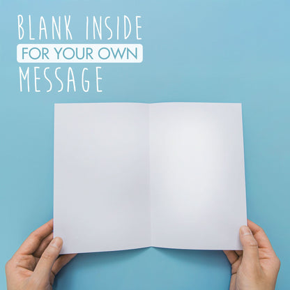 A person holds open a "Funny Father's Day Card 'This Is Not A Drill'" by That Is So Dad, made of durable cardstock, against a blue background. Text reads: "Blank inside for your own message.