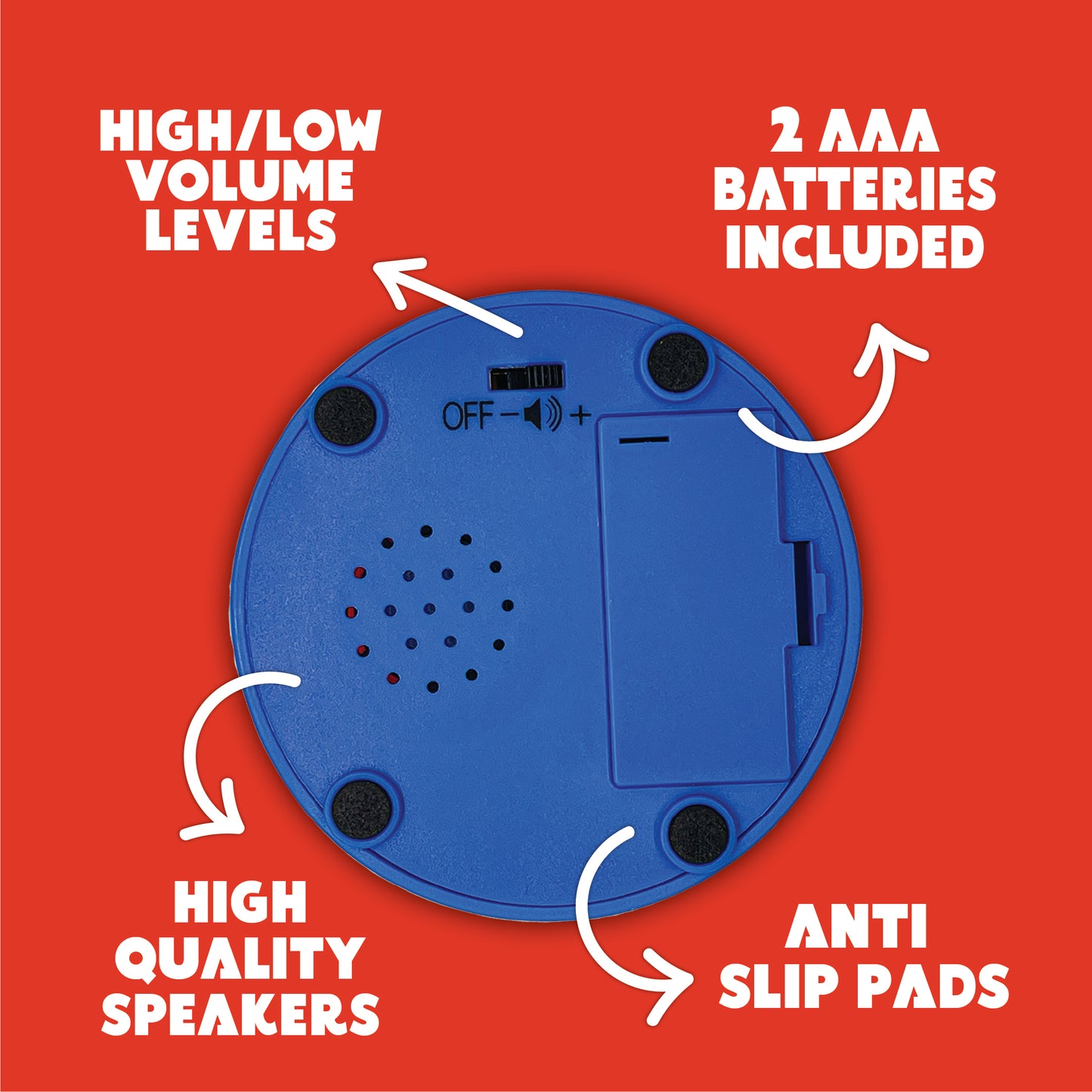 Introducing the Dad Joke Button by That Is So Dad: a blue circular device featuring an on/off switch, battery compartment, speaker holes, and text indicating high/low volume levels. This family-friendly gadget includes 2 AAA batteries, boasts high-quality speakers for delivering over 100 corny jokes, and comes equipped with anti-slip pads.