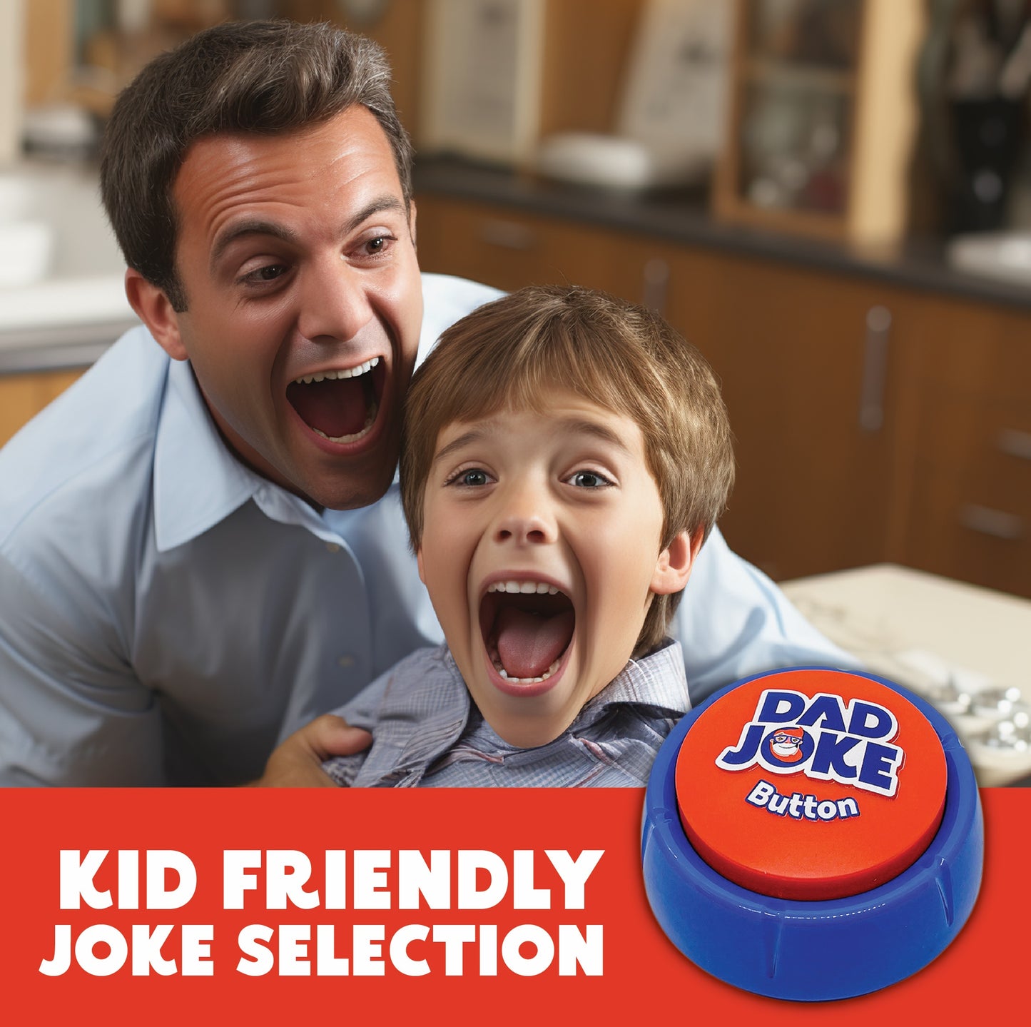 A man and a boy, both grinning from ear to ear, are depicted with a red button labeled "Dad Joke Button" from the 2025 Dad Joke Gift Set by That Is So Dad. The image highlights the text "KID FRIENDLY JOKE SELECTION" and showcases an easel backer for convenient display.