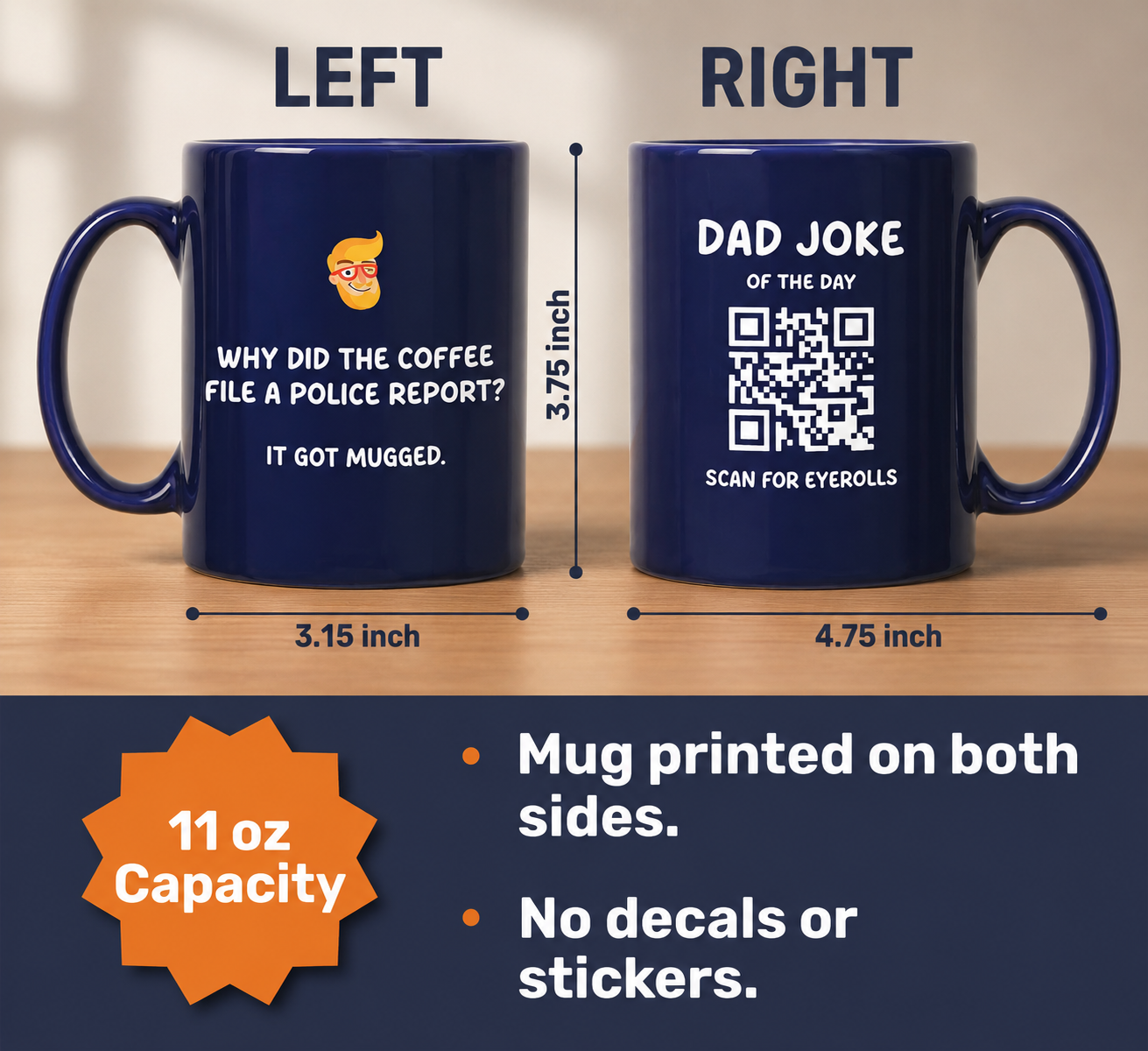 The That Is So Dad Daily Dad Joke Mug features blue mugs with unique text and graphics, 11 oz capacity, double-sided print, and no decals—ideal for pun lovers or as a daily dad jokes coffee mug.