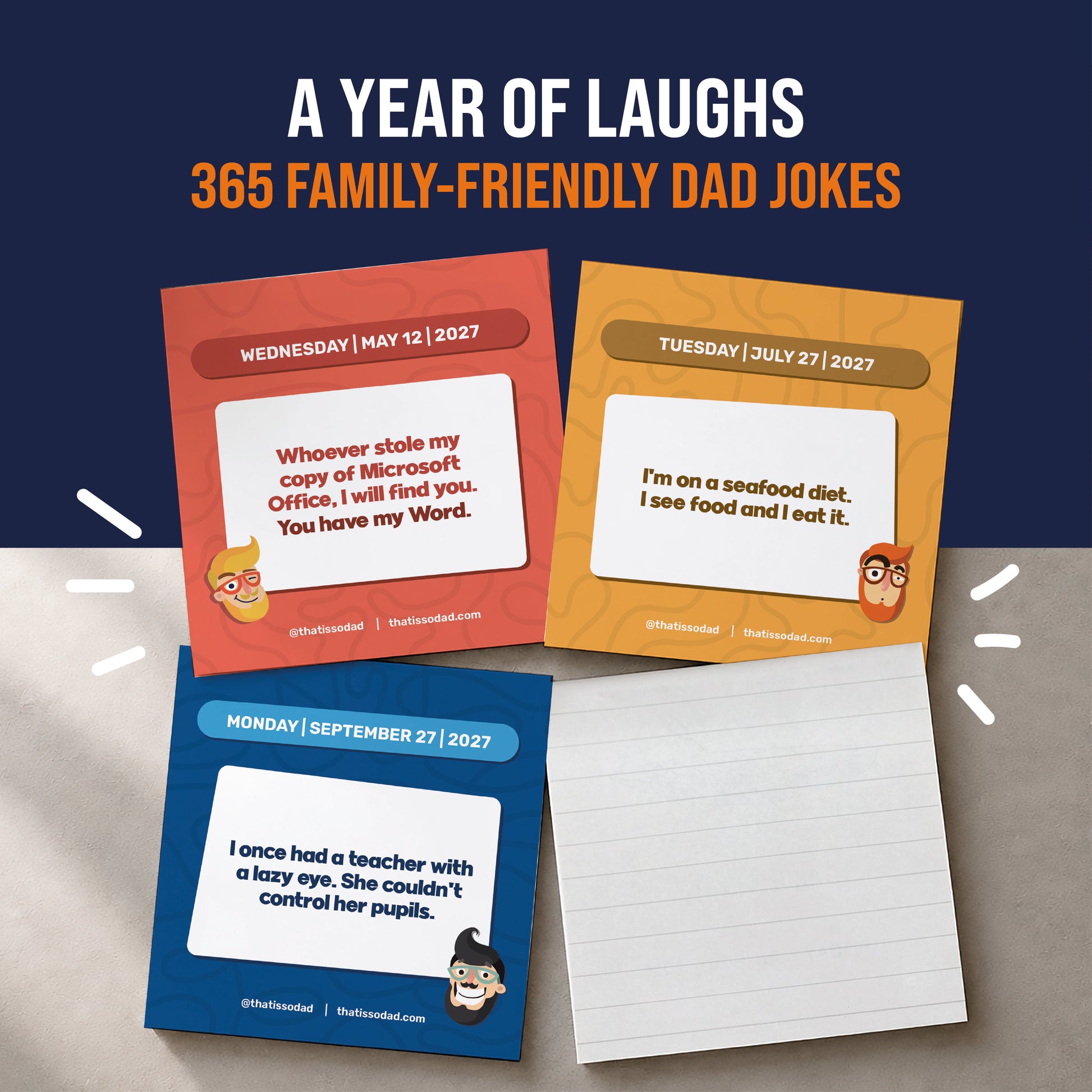 Three vibrant daily calendar pages showcase family-friendly, funny dad jokes from the 2027 Daily Dad Joke Desktop Calendar | Daily Dad Jokes!! by That Is So Dad, set against a blue background with the title at the top—making it perfect for bringing a smile to each day in your 2027 calendar.