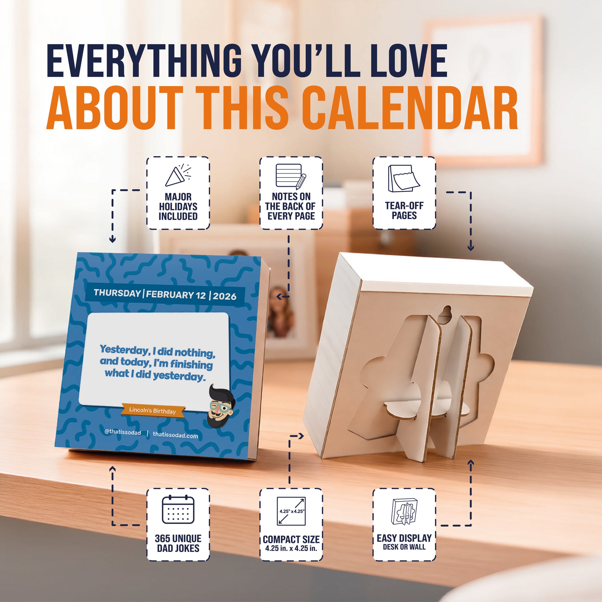 Two desk calendars are shown: the 2026 Daily Dad Joke Desktop Calendar by That Is So Dad, featuring February 12 with a witty joke, tear-off pages, compact size, space for notes, major holidays—perfect as a funny day-to-day calendar.