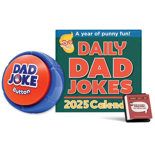 The 2025 Dad Joke Gift Set from That Is So Dad includes a daily desktop calendar filled with funny dad jokes, accompanied by a red and blue "Dad Joke" button and a small easel backer flip stand to display the jokes.