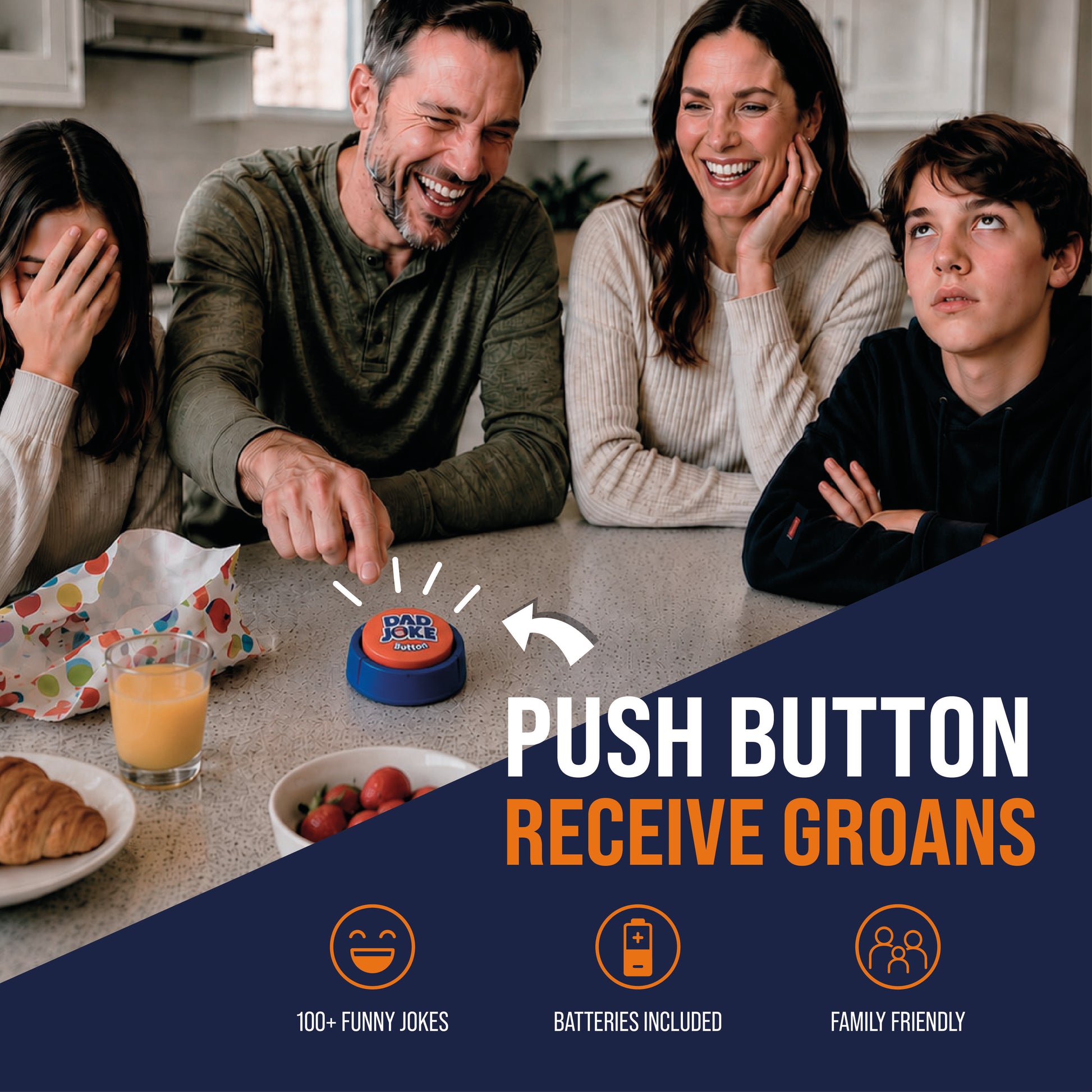 A family laughs as Dad presses the Dad Joke Button | 100+ Corny Jokes from That Is So Dad at breakfast. Text: "Push Button, Receive Groans." The ultimate funny Father’s Day gift!.