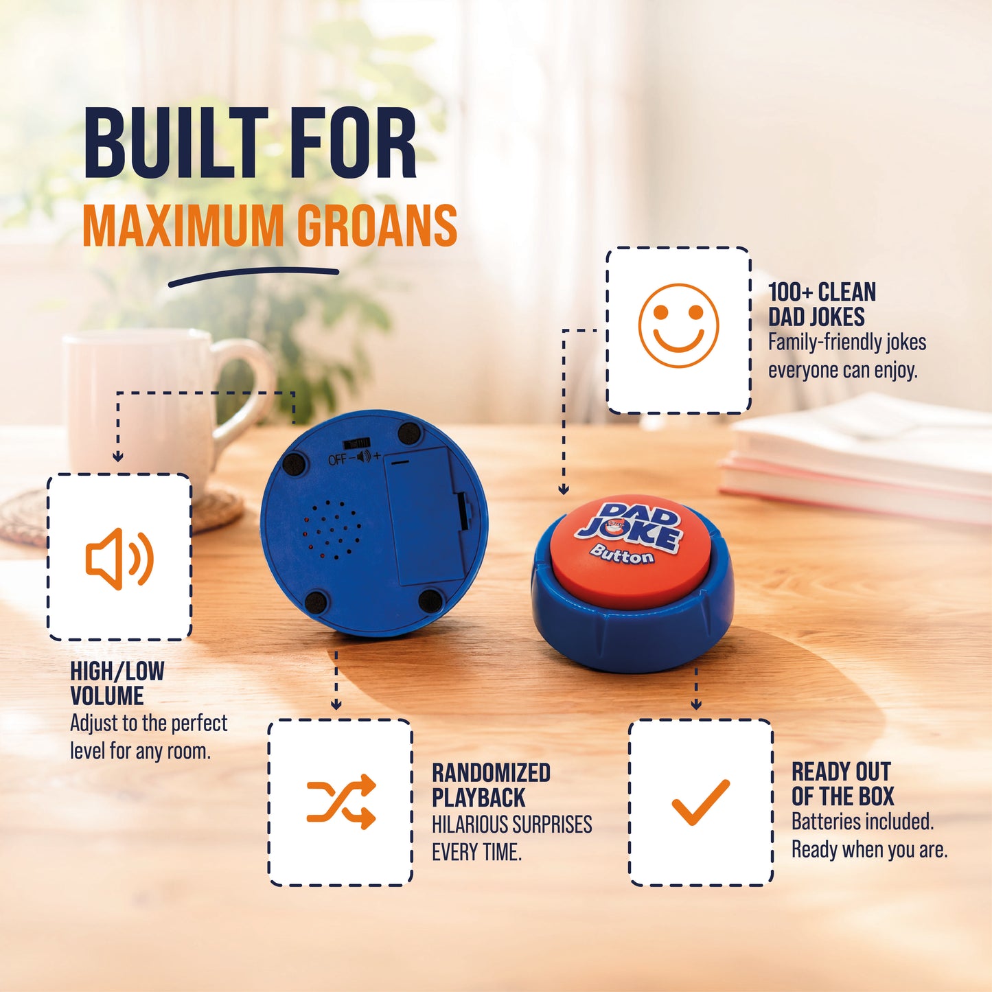 Two That Is So Dad "Dad Joke Button" devices on a table—one upright, one base visible—showcase features like 100+ corny jokes and volume control. A hilarious gift for dad or a unique Father’s Day present!.
