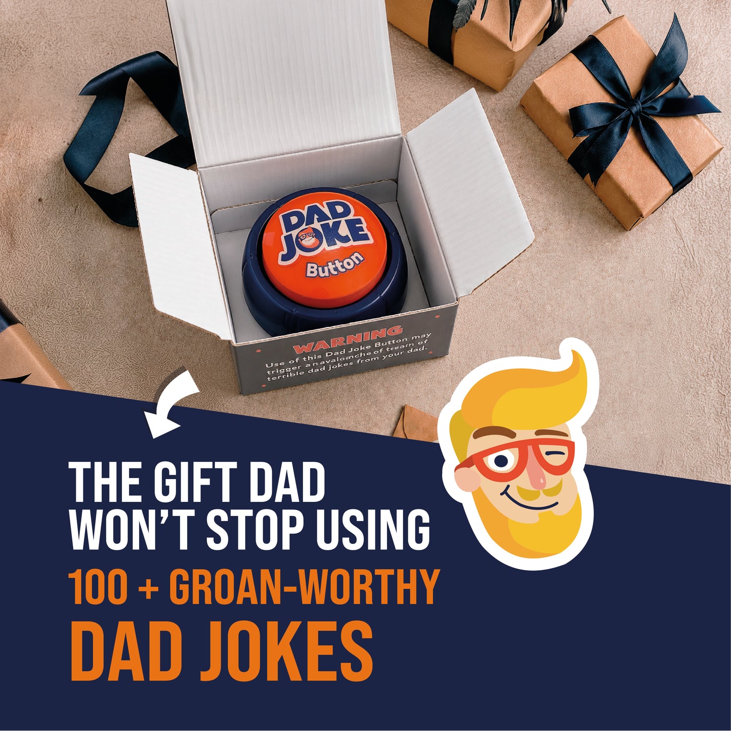 The "Dad Joke Button | 100+ Corny Jokes" by That Is So Dad sits open on a table with gifts, promoted as the perfect funny Father’s Day present for dads who love telling jokes.