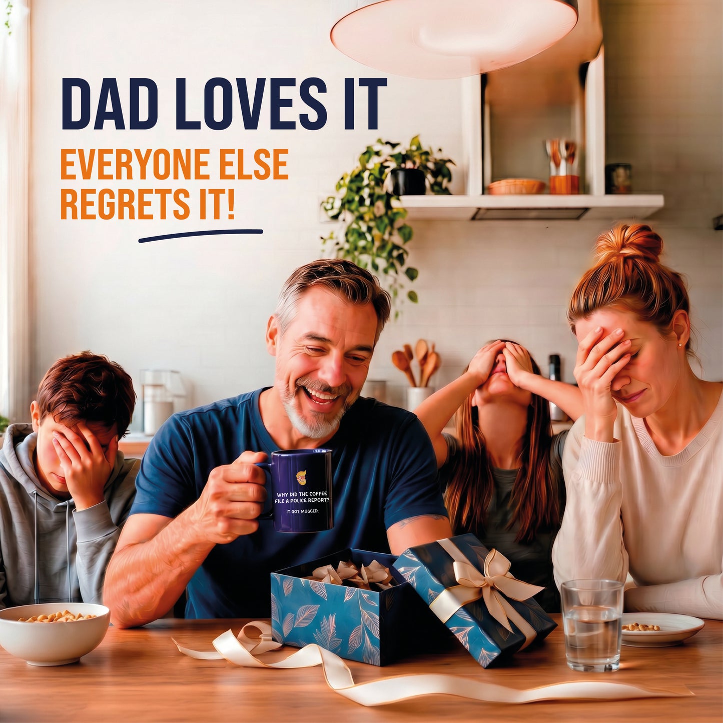 A man grins with his Daily Dad Joke Mug by That Is So Dad while two kids and a woman facepalm at breakfast. Text: "Dad loves it. Everyone else regrets it! The perfect gift for dads who never run out of daily dad jokes.