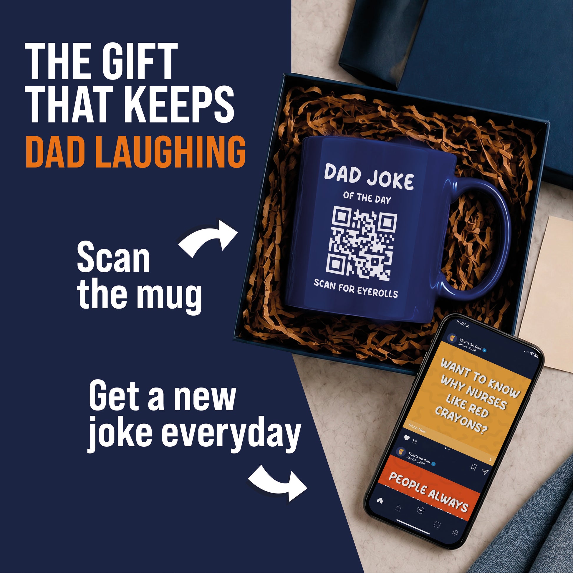 The Daily Dad Joke Mug by That Is So Dad comes in a gift box. Scan its QR code to get new dad jokes sent to your phone each day.