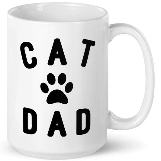 The Cat Dad Mug by That Is So Dad is a white ceramic mug featuring "CAT DAD" and a black paw print; it's microwave and dishwasher safe—perfect for cat lovers.