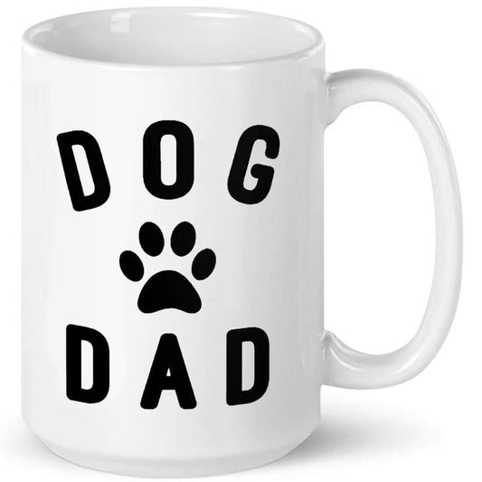 The Dog Dad Mug by That Is So Dad features "DOG DAD" in black with a paw print, and is both dishwasher and microwave safe—perfect for daily use.